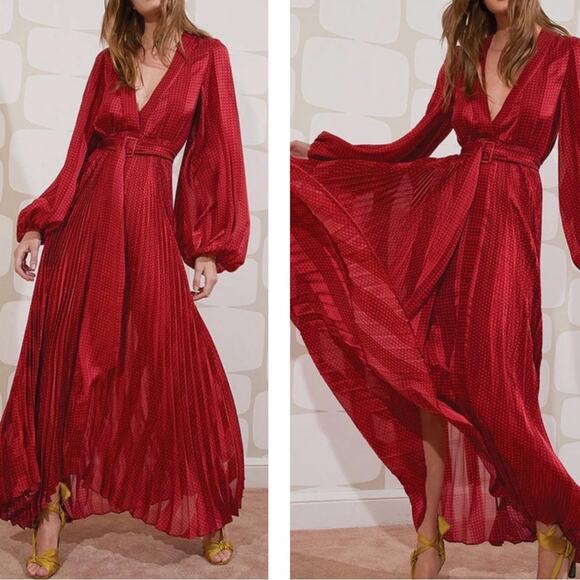 ALEXIS Salomo Long Sleeve V Neckline Belted Pleated Red Stripe Maxi Dress Sz Sw - Picture 2 of 12